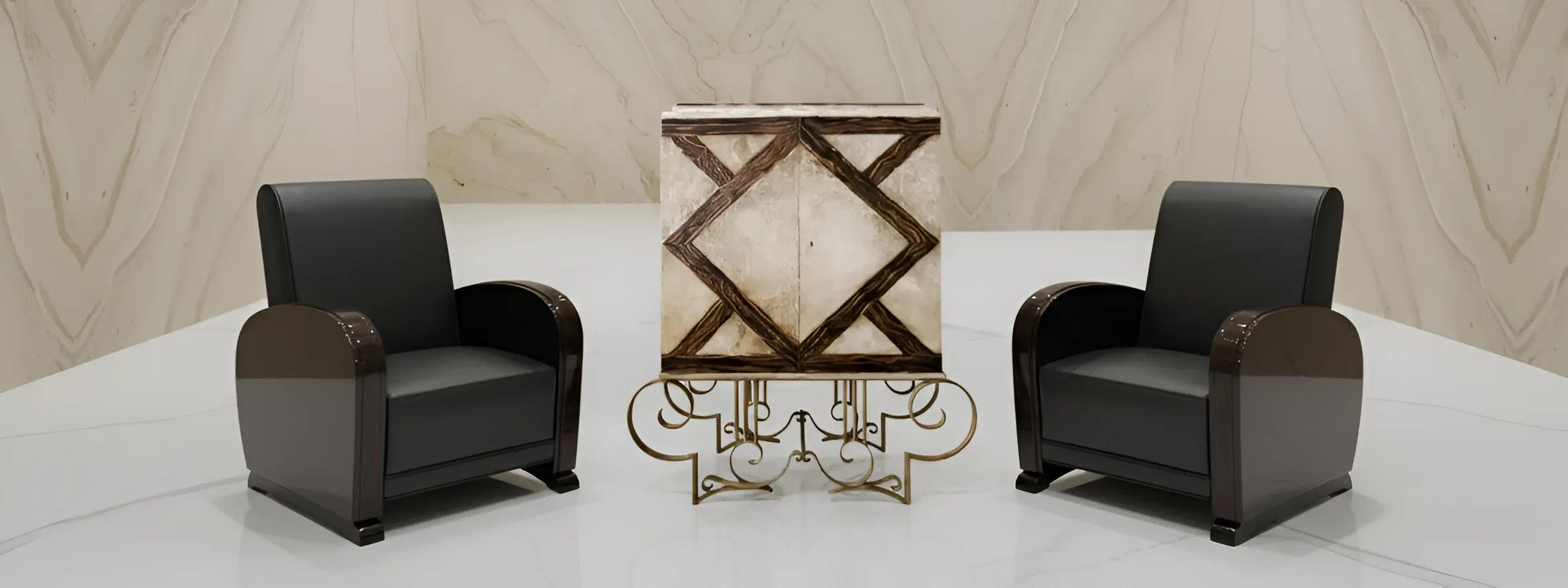 Table chariot de bar moderne dans un cadre élégant avec des fauteuils noirs