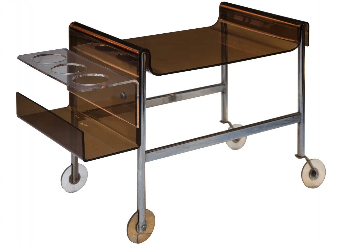 Carrello per cocktail antico degli anni 60 con ruote, design retrò, colore marrone.