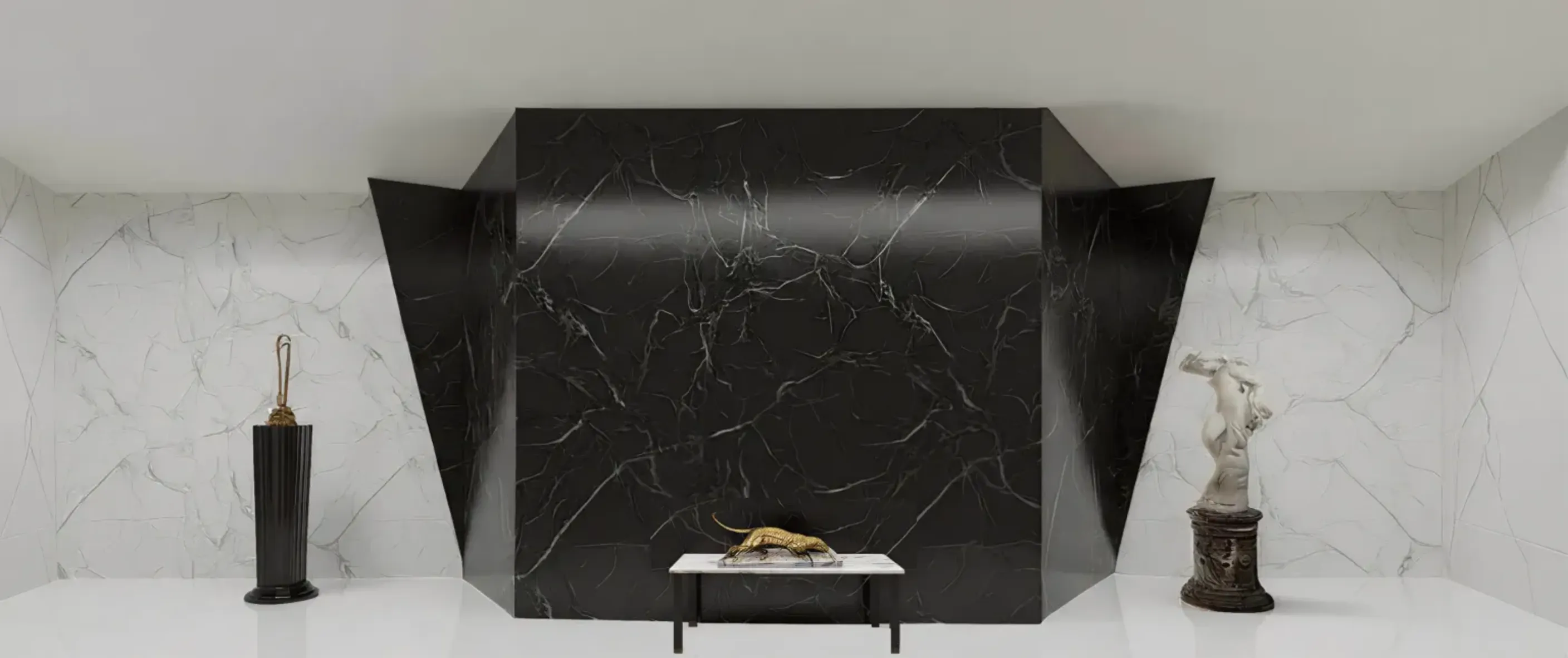 Colonne angolari antiche in una stanza moderna con decorazione minimalista.