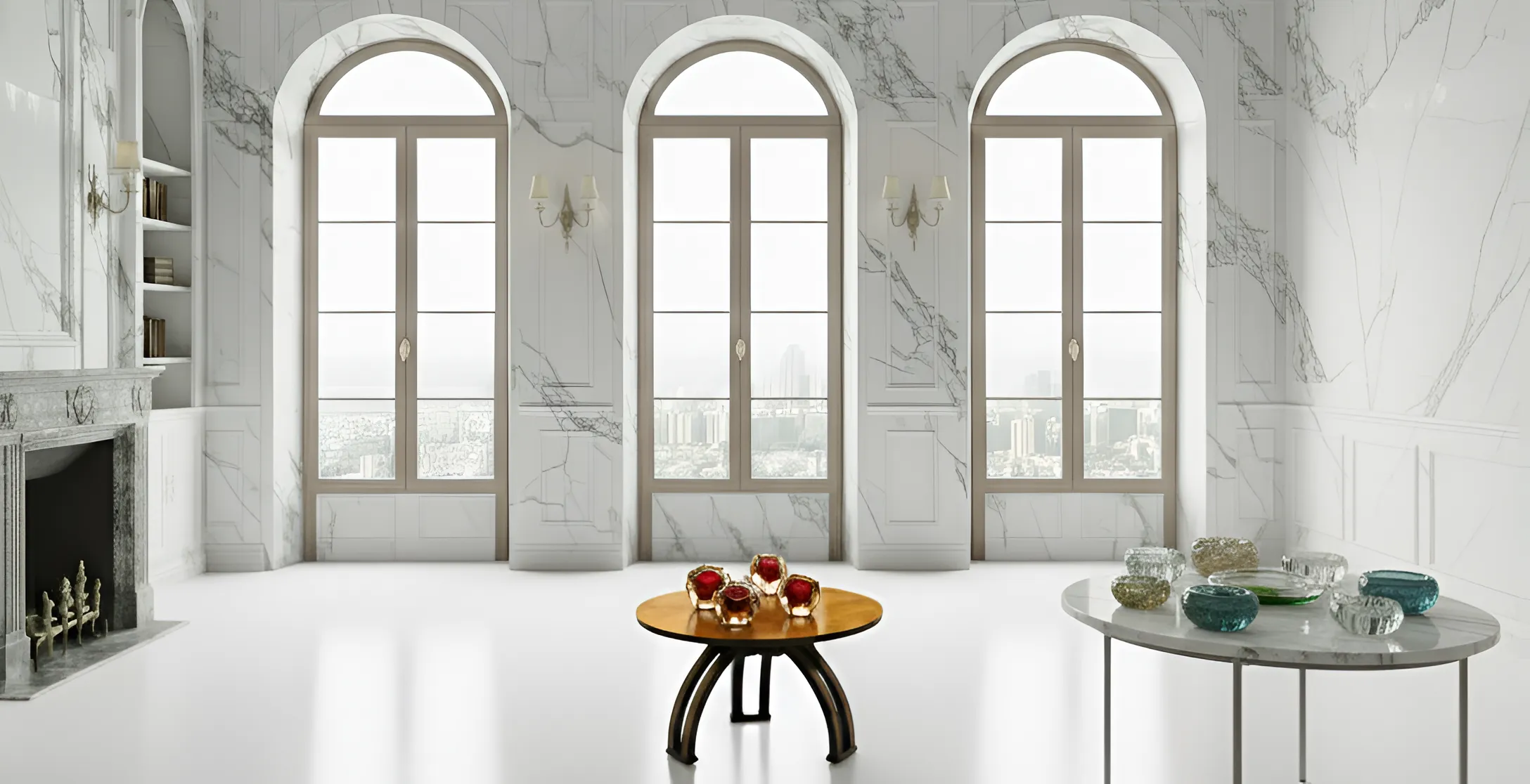 Decorazione elegante con centri di Murano e cendrieri, ambiente contemporaneo