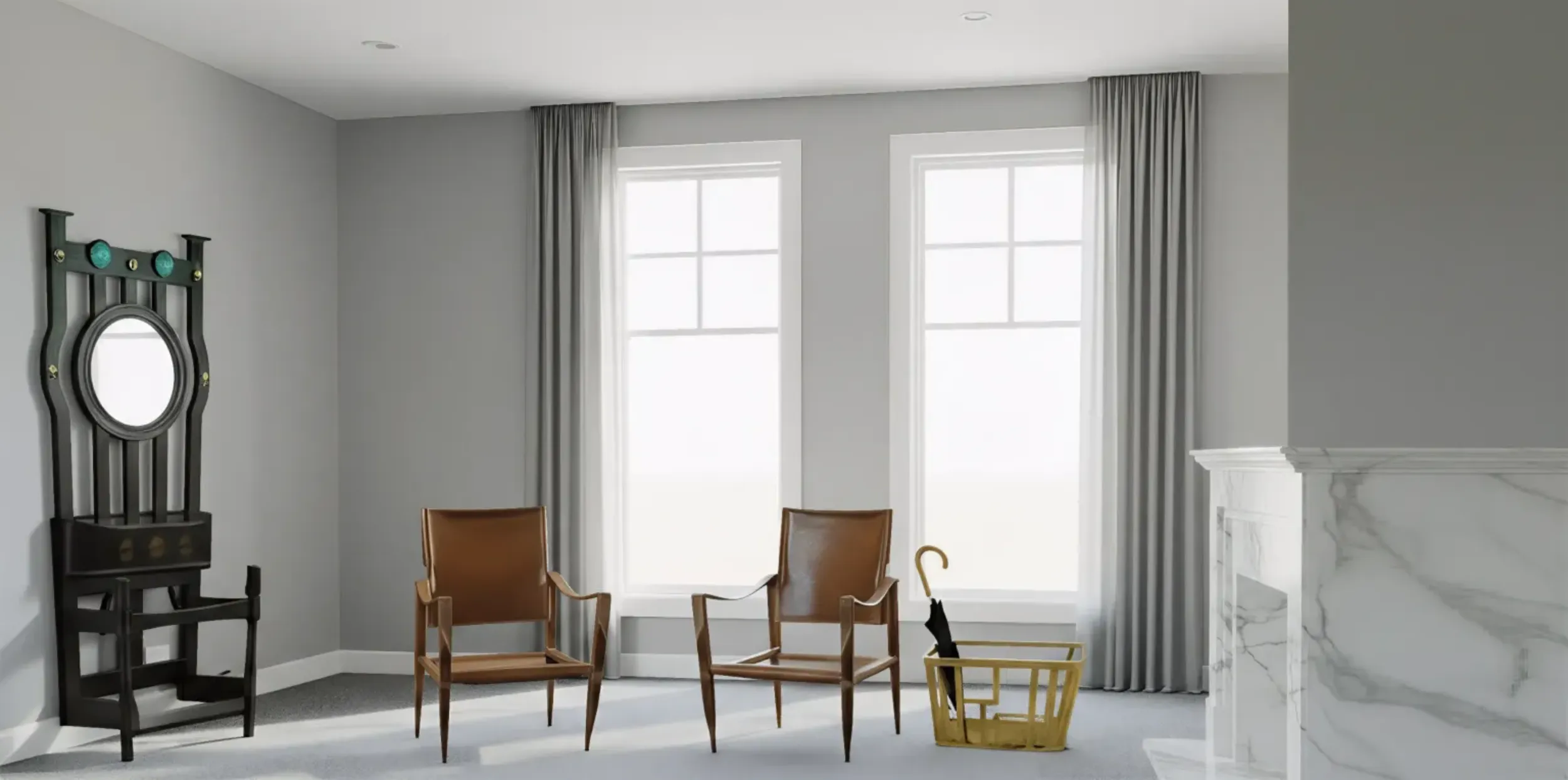 壁に取り付けられたアンティークコートラックと装飾的な傘スタンド。