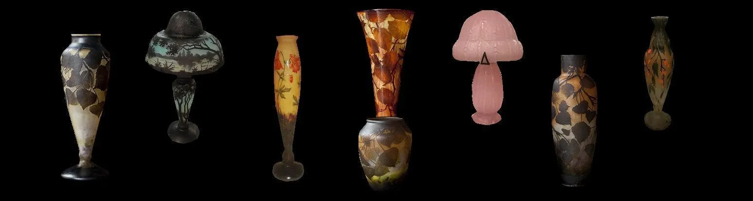 ドームナンシーのガラスコレクション、暖色系の花のデザイン、アールヌーボースタイル