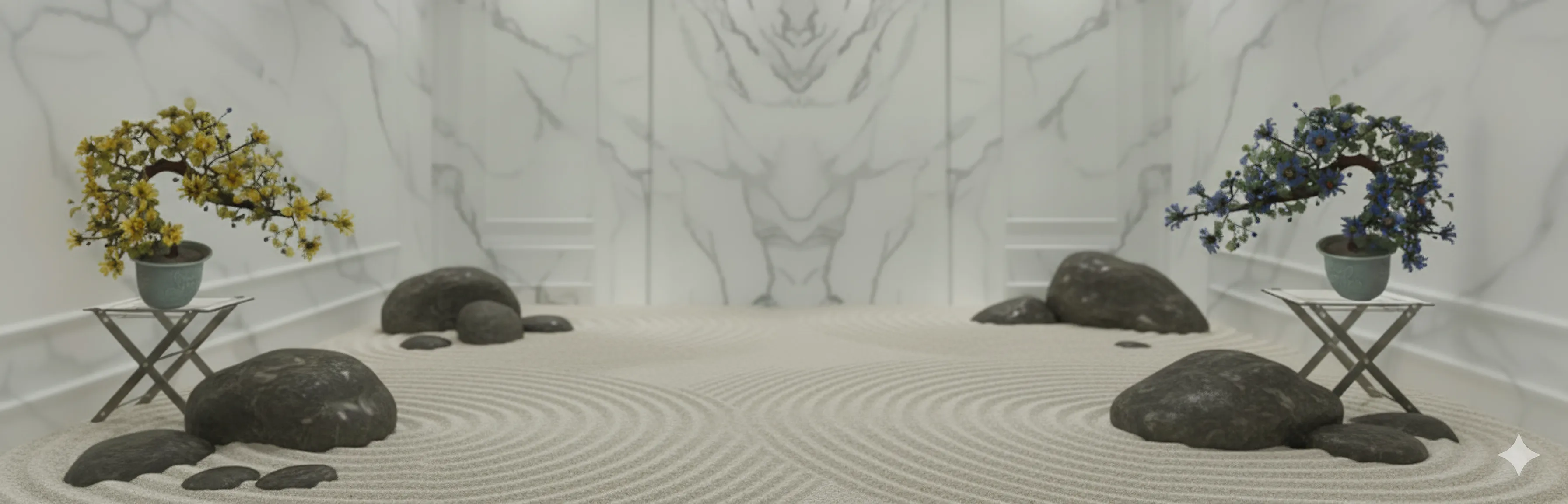 Два бонсай в декоративных горшках, окруженные камнями на песке. Минималистичный стиль.